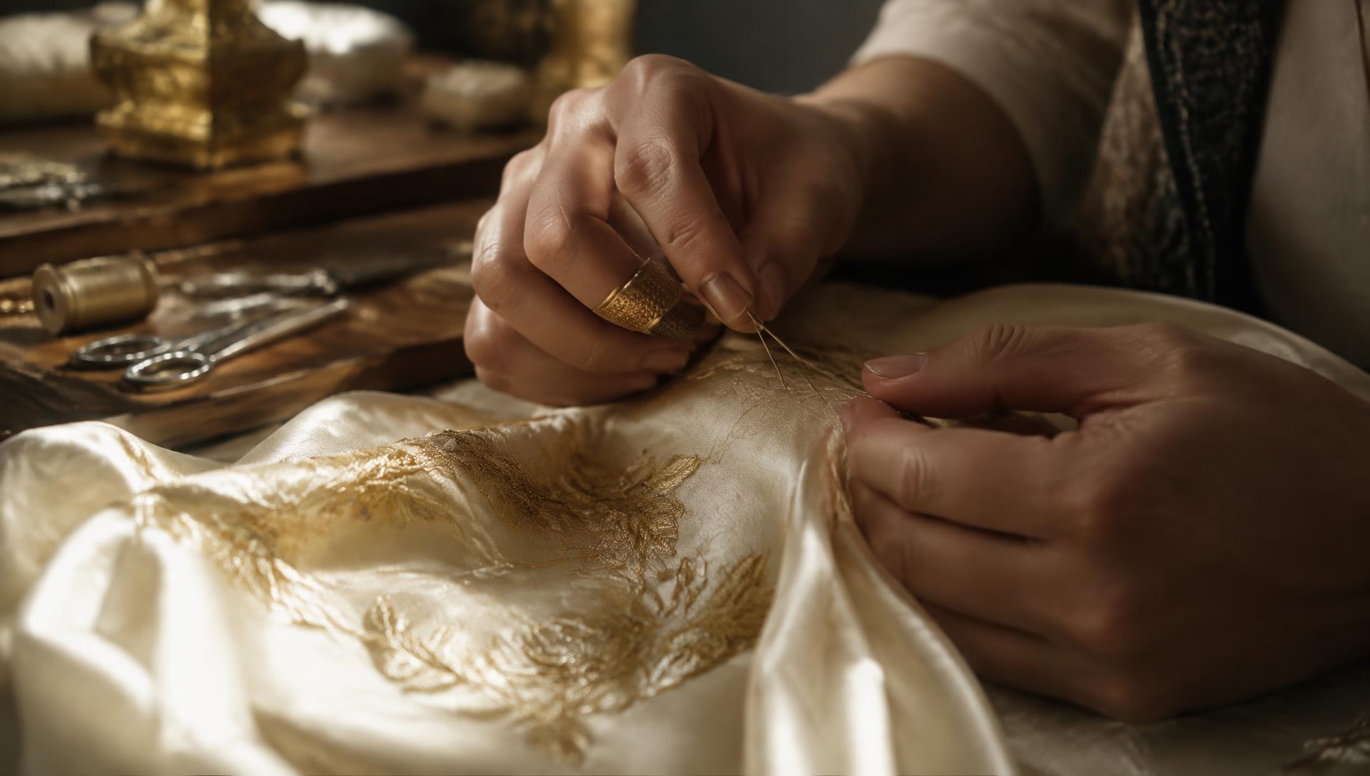 Hands hand-stitching gold embroidery onto silk