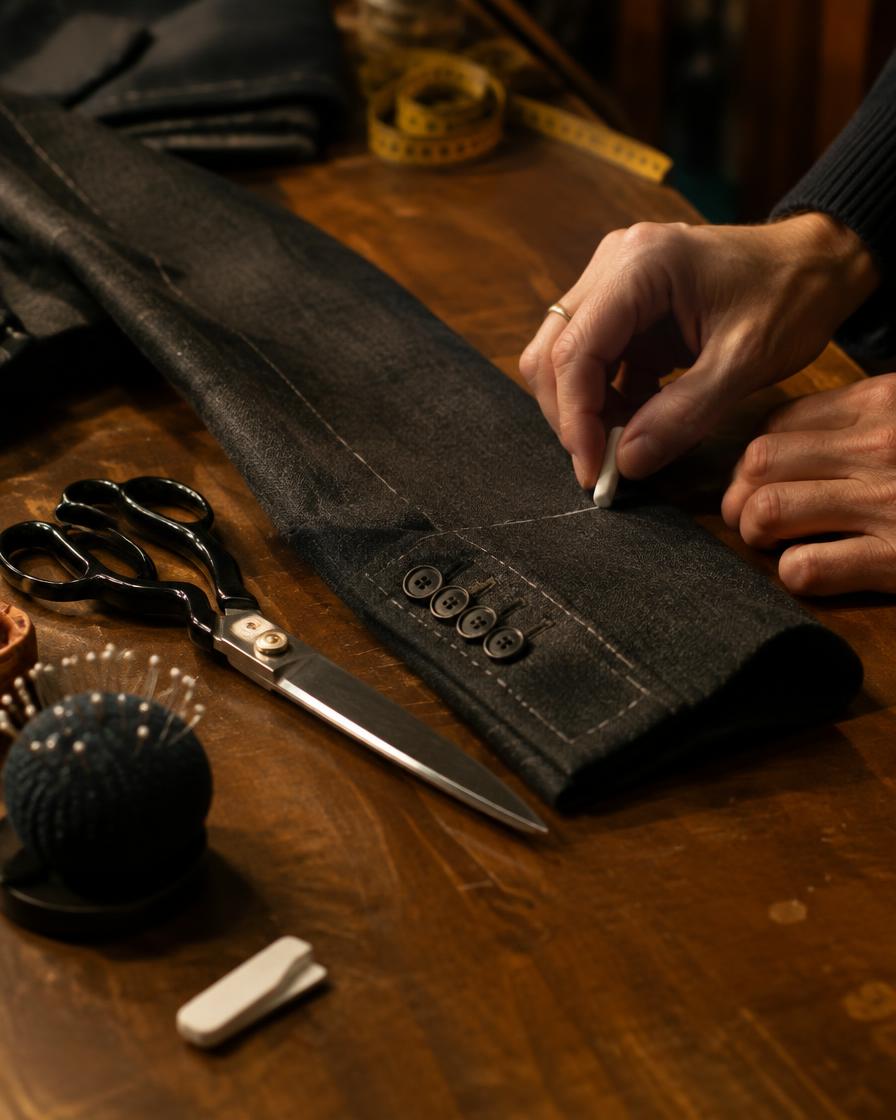 Suit sleeve being chalk-marked